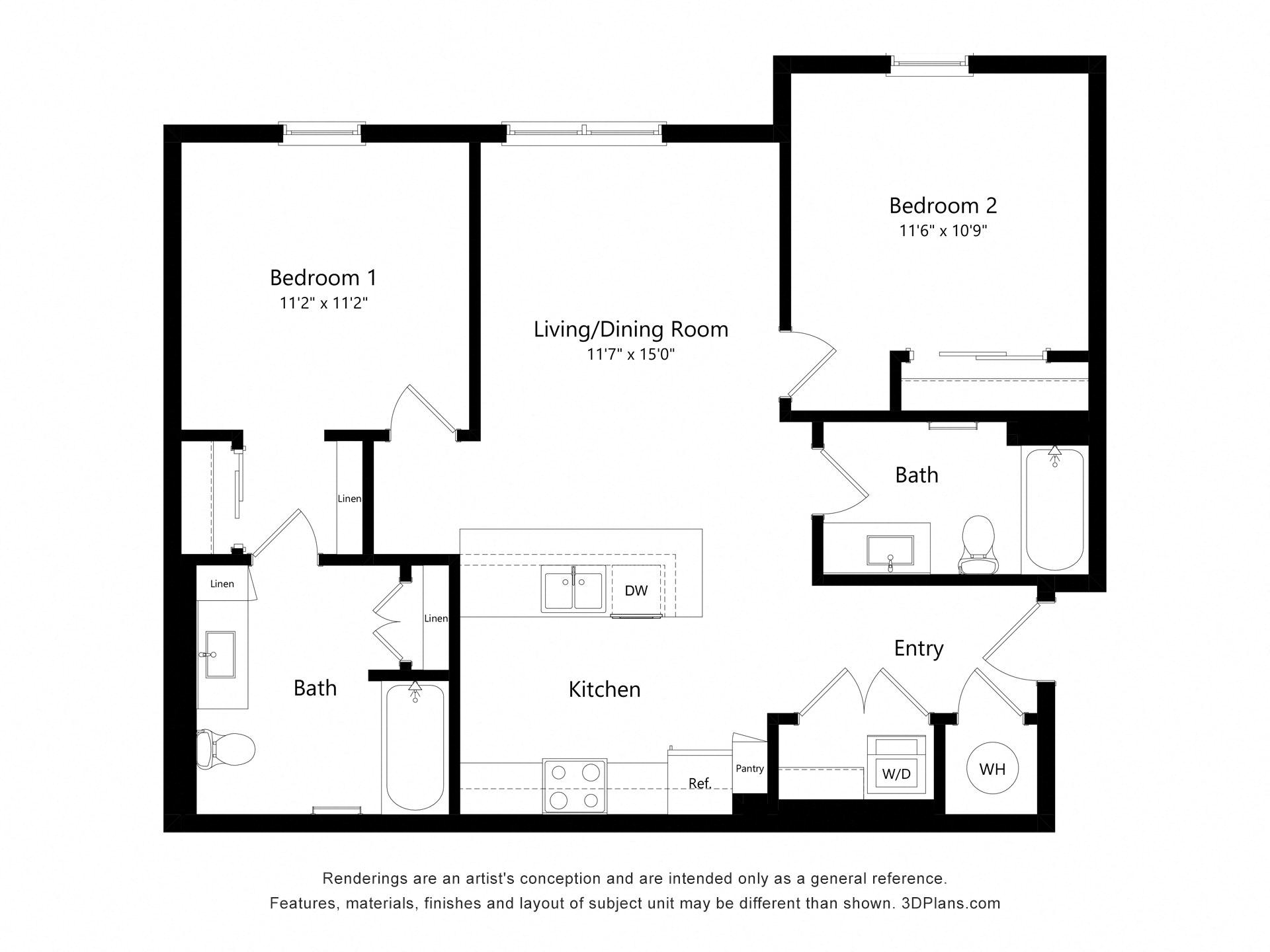 Floor plan for 2 beds, 2 baths, 972 sqft